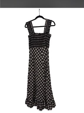 Ganni Black and White Plaid Smocked Maxi Dress